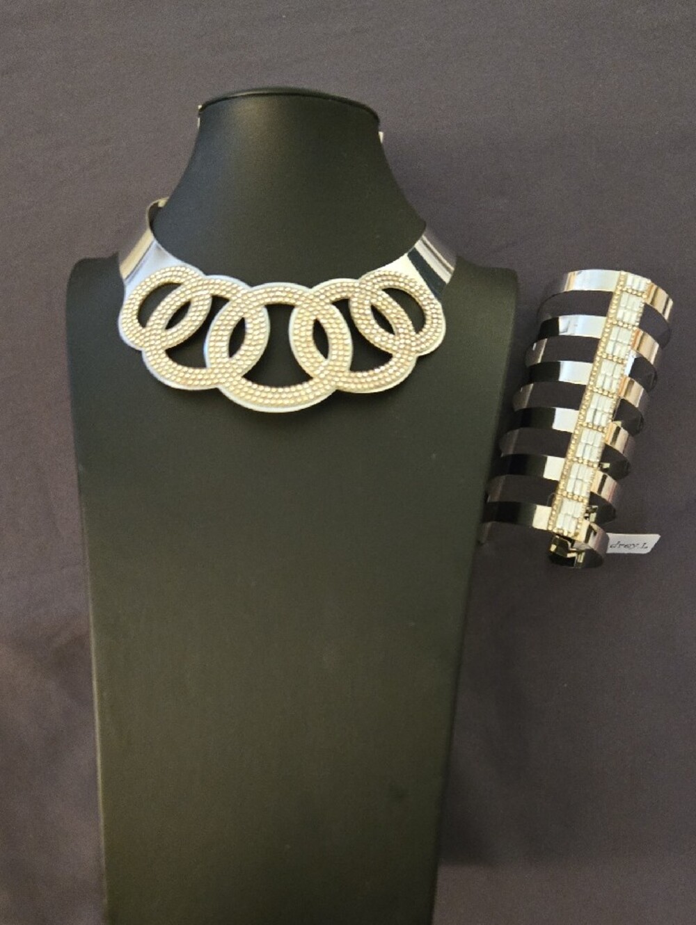 Silver Statement Necklace and Cuff Bracelet Set